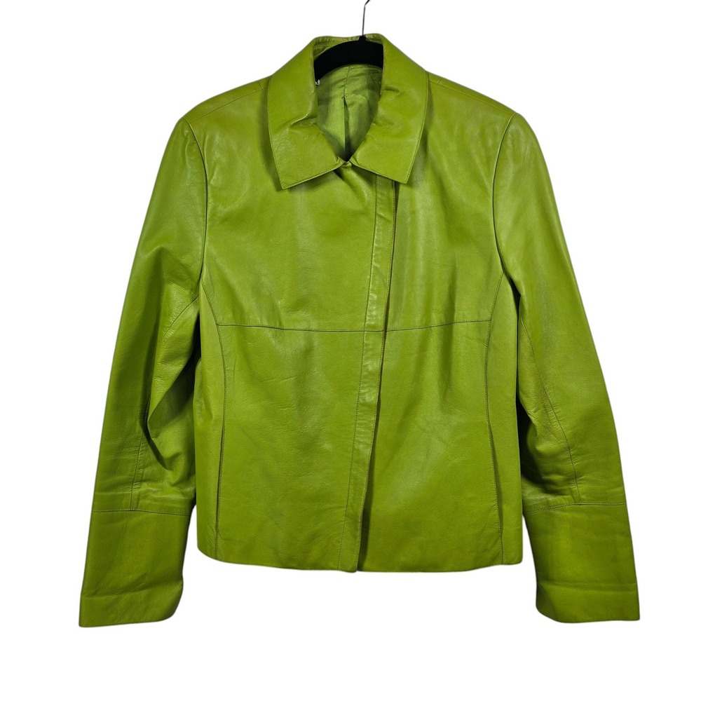 VTG Lambskin Jacket Women Medium Lime Green Leather Asymmetrical Hidden Zip READ